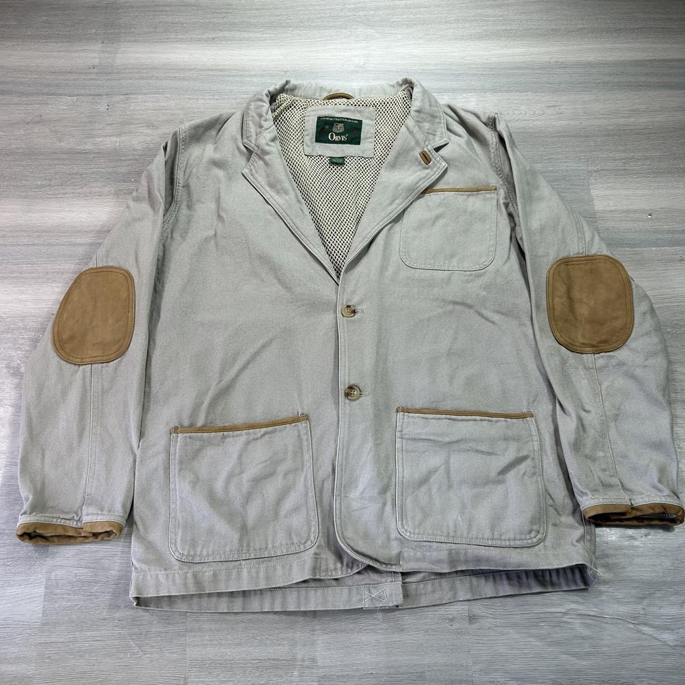 Orvis Blazer Mens Large Gray Chore Sport Coat Jacket‎ Elbow Patch Hunting Travel